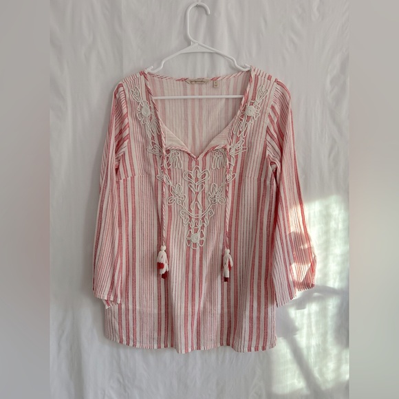 Soft Surroundings Red Orange White Stripe Boho Blouse Tunic Top Size S - Picture 2 of 15
